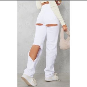 White Ripped Straight Leg Jean